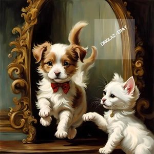 Gato y perro saltando del espejo imagen digital foto papel tapiz teléfono ARTE - Imagen 1 de 3