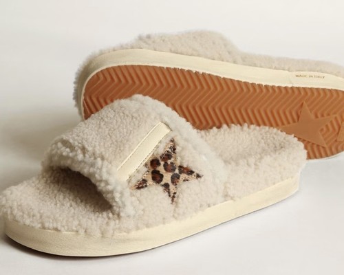 GOLDEN GOOSE NUOVO IN SCATOLA Gol Goose POOLSTAR shearling beige con stampa animalier taglia 39.