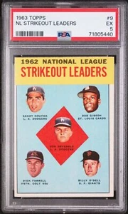 Graded 1963 Topps NL Strikeout Leaders Koufax Gibson #9 Baseball Card PSA 5 - Picture 1 of 2