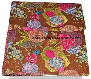 Fruta Estampado Algodón Puro Marrón Kantha Colcha Bohemio Doble Tamaño Colcha - Imagen 1 de 4