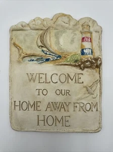 WELCOME TO OUR HOME AWAY FROM HOME Hanging Sign Lighthouse Beach Colors - Picture 1 of 8