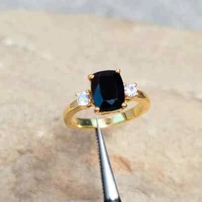 Anello In Onice Nero A Cuscino Fatti A Mano In Oro 14K Placcato Argento 925 - Immagine 1 di 4