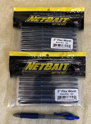 Lote de 2 paquetes Netbait 5” Flex Worm, negro/azul, 8 por paquete, hecho en EE. UU. Foto 1 de 4