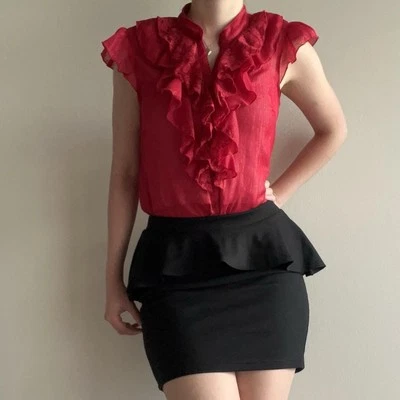 Office Siren Y2K Red Shimmer Ruffle Blouse IZ Byer California Women M - Image 1 of 4