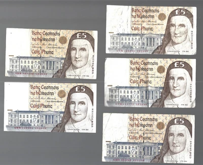 Irlanda 🎇 1994 1999... Billetes de 5 libras x 5... 🎇 Lote #3998 Foto 1 de 2