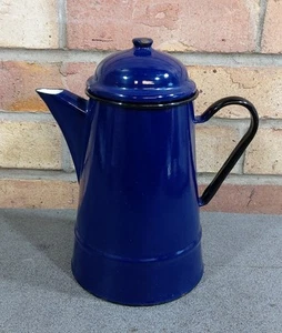 Vintage Huta Silesia Enamelware Blue Coffee Pot With Lid Made In Poland - Picture 1 of 8