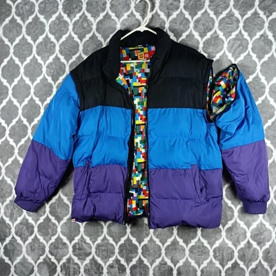 LEGO x Target Jacket Mens Medium Black Blue Puffer Colorblock Brick Print Lining - Image 1 of 4
