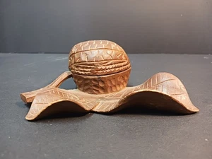 Antique Wood Black Forest Carved Walnut on Two Leaves Inkwell 5.25” - Picture 1 of 4