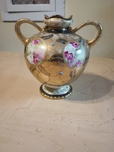 Antique Vintage Hand-painted Nippon Two Handled Vase Beaded Gold Color Pink Rose - Picture 1 of 22