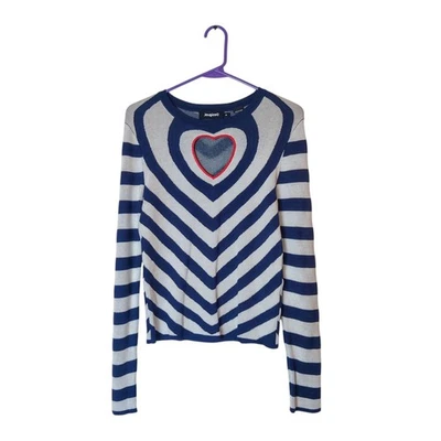 Desigual Blue Striped Heart Cut Out Lightweight Sweater Medium Artsy Avant Garde - Image 1 of 4