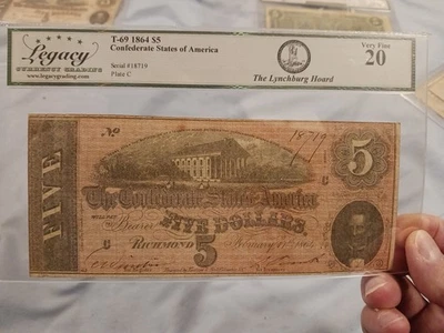 1864 $5 T-69 Confederate Sates CSA   PF-1 LEGACY VERY FINE 20 LYNCHBURG HOARD - Image 1 of 4
