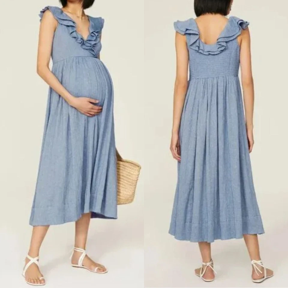 Hatch The Sarah Midi Dress Size 0 XS Maternity Blue Ruffle Gauzy Cotton Cottage - Image 1 of 4