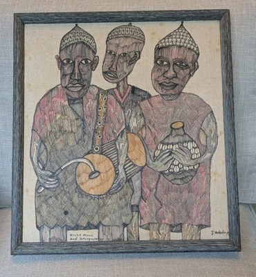 Pintura de arte popular firmada "Música e interpretación yoruba" sobre lienzo de tela Foto 1 de 4