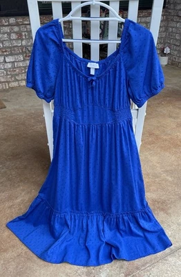 ✅Place Cobalt Royal Blue Dress Womens sz L Clip Dot Puff Sleeve Ruffle Elastic - Image 1 of 4