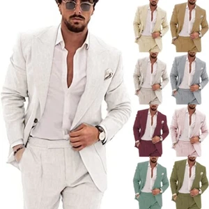 Men Linen 2Pcs Suit Beach Groom Bestman Wedding Tuxedo Blazer+Pants 42r 44r 46r - Picture 1 of 17