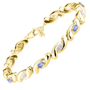 PULSERA TENIS RYLOS TANZANITA Y DIAMANTES CHAPADA EN ORO AMARILLO PLATA 7-8" - Imagen 1 de 6