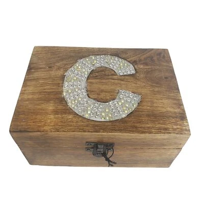 Wooden Jewelry Trinket Box Hinged Latch Rhinestone Inlay Initial C India 7" - Image 1 of 4