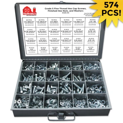 THE BOLT BARN 1/4" 5/16 3/8 Grade 5 Hex Bolts Nuts Washers Assortment Kit FINE THREAD - 574PCS