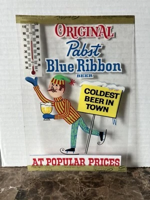 1960s Pabst Beer Statue Character Ice Skater Cooler Door Thermometer Sign - Image 1 of 4
