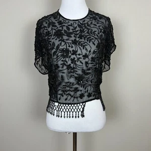 Topper vintage para mujer 10 negro transparente con cuentas flecos floral recortado manga corta - Imagen 1 de 18