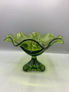 Viking Glass Ruffle Edge 8 Petal Green Draped Tri Footed Compote Bowl Console - Picture 1 of 6