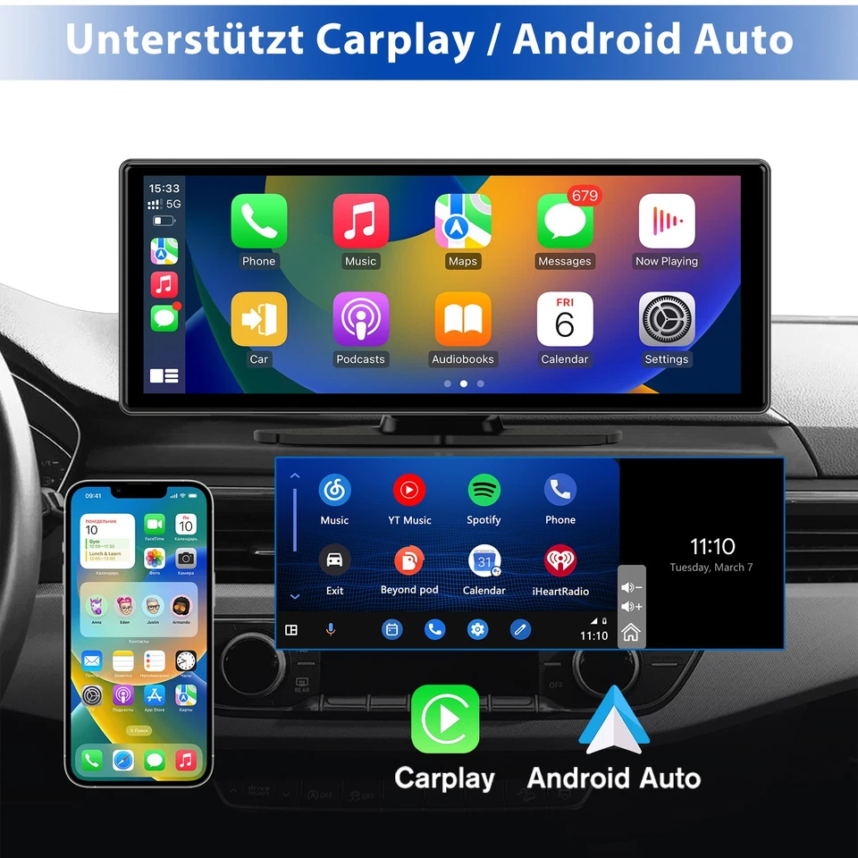 10.26" Zoll Tragbarer Apple CarPlay und Android Auto Wireless Display Autoradio - Bild 1 von 4