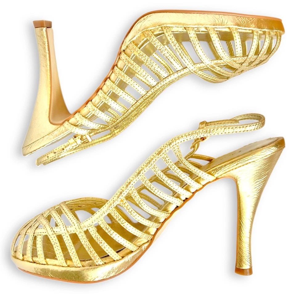 Zapatos de salón de tacón de aguja de colección Y2K Charlotte Russe dorados con cordones punta abierta 8 Foto 1 de 4