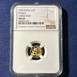 1994 China 5 Yuan 1/20 Oz Gold Panda NGC MS69 Large Date - Picture 1 of 2