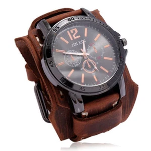 NEW Wide Leather Watch Cuff Band Brown Wrist Black Strap Punk Retro Quartz Mens - Picture 1 of 13