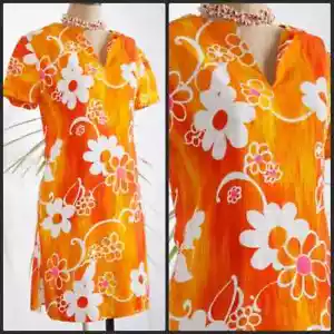 1960's Orange Barkcloth Hawaiian flower Dress vintage muu muu mod shift tropical - Picture 1 of 8