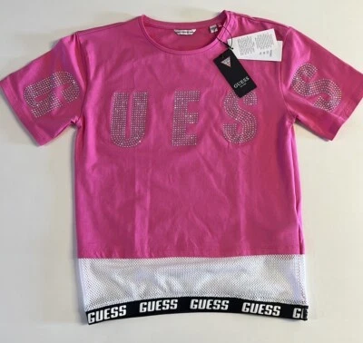 *Nueva con etiquetas Camiseta Guess Girls Logotipo de Estrás Malla Rosa Talla 14 Foto 1 de 2