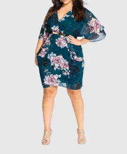 NEW City Chic Ladies V Neck Drape Jade Blossom Mini Dress Plus Size XS 14 #O69 - Picture 1 of 11