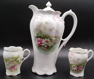 Antique Bavaria Water Lilies Coffee Chocolate Pot & 2 Demitasse Cups Mugs - Picture 1 of 12