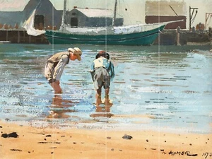 Panel de cerámica de mosaico de niños vadeando por Winslow Homer salpicadero azulejo arte mural - Imagen 1 de 6