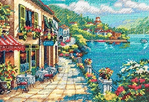 Cross Stitch Kit Dimensions Gold Collection Overlook Cafe Seaside Village #65093 - Picture 1 of 3
