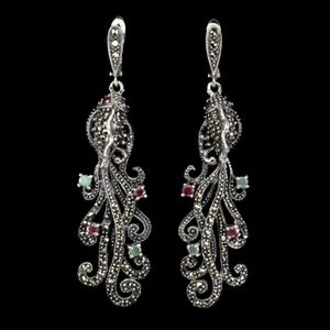 925 Sterling Silver Round Emerald Ruby 3mm Marcasite Fish Big Earrings - Picture 1 of 10