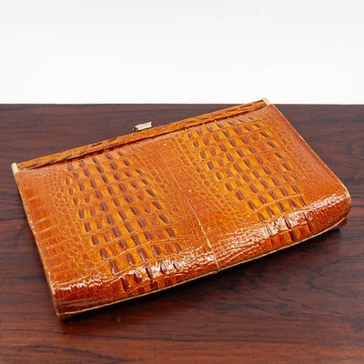 Vintage Crocodile Clutch Purse Shoulder Strap Brown Chain Gold - Image 1 of 4