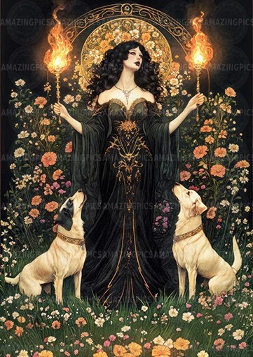 Impresión artística de diosa Hécate mitología griega brujería luna antorchas florales ah67 Foto 1 de 1