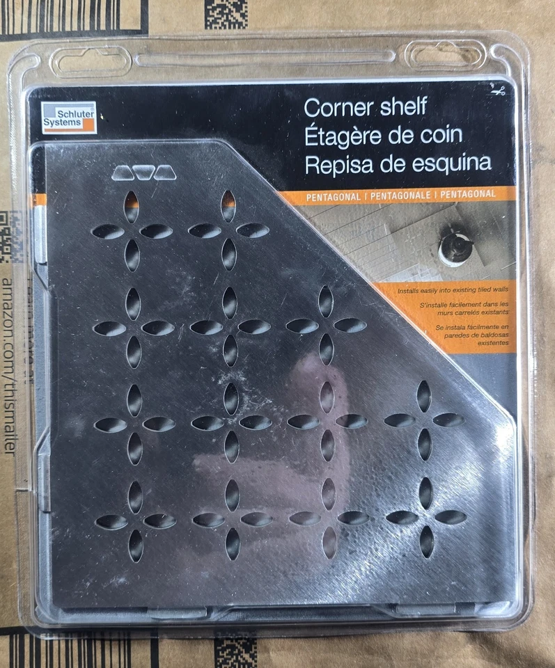 PRATELEIRA DE CANTO PENTAGONAL SCHLUTER PARA PAREDES DE AZULEJOS FLORAL AÇO INOXIDÁVEL NOVA  - Imagem 1 de 4