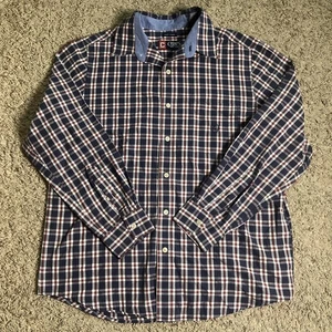 Chaps Madras Plaid Button Up Shirt Mens Size M Medium Easy Care Blue Red White - Picture 1 of 8