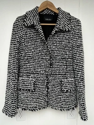 Carlisle Short Jacket 6 Black White Wool Cotton Boucle Fringe Silk-Lined Classic - Image 1 of 4