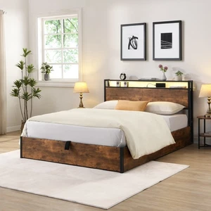 Queen Size Upholstered Bed Frame Gray Headboard Lift Up Storage Charging Station - Picture 1 of 23