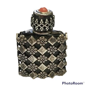 Vintage Miniature Perfume Bottle Made in France Silver Cased Black Glass Red Top - Picture 1 of 12