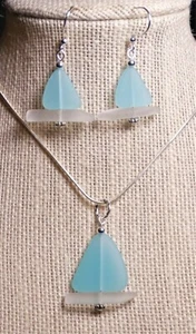 NAUTICAL Sea Glass Jewelry, handcrafted Sailboat OPAQUE SEAFOAM w CRYSTAL hull - Picture 1 of 7