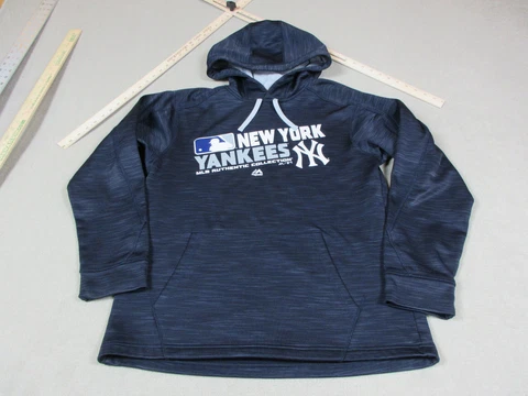 New York Yankees Hoodie Mens Medium Blue Pullover Sweatshirt Baseball Majestic Cover