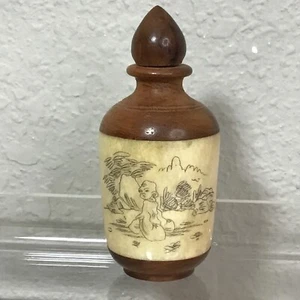Vintage Antique Chinese Snuff Bottle Wooden Hand Painted 3.25” Perfume - Picture 1 of 9