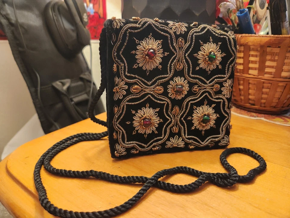 Vintage beaded black velvet handbag from India—Zardozi-style embroidery - Image 1 of 4