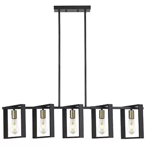 9MMML 41.5" Mid Century Dining Room Chandelier, Black and Gold Wood Pendant L... - Picture 1 of 8