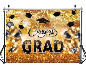 8x6FT Congrats Grad Backdrop Black Gold Glitter Graduation Party Photography - Picture 1 of 6