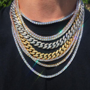 Luxury 14k Gold Hip Hop Tennis Iced Cuban Link Necklace Bracelet Lab Diamond Men